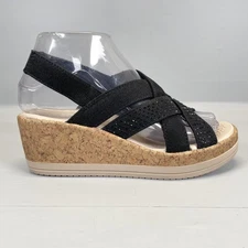 Bzees Ritz Wedge Sandals Womens Size 5.5 M Black Elastic Strappy Slip On Shoes