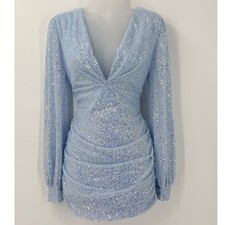 Sky Blue Sequin Ruched Mini Dress Long Sleeve V-Neck Sz M hoco sparkle club