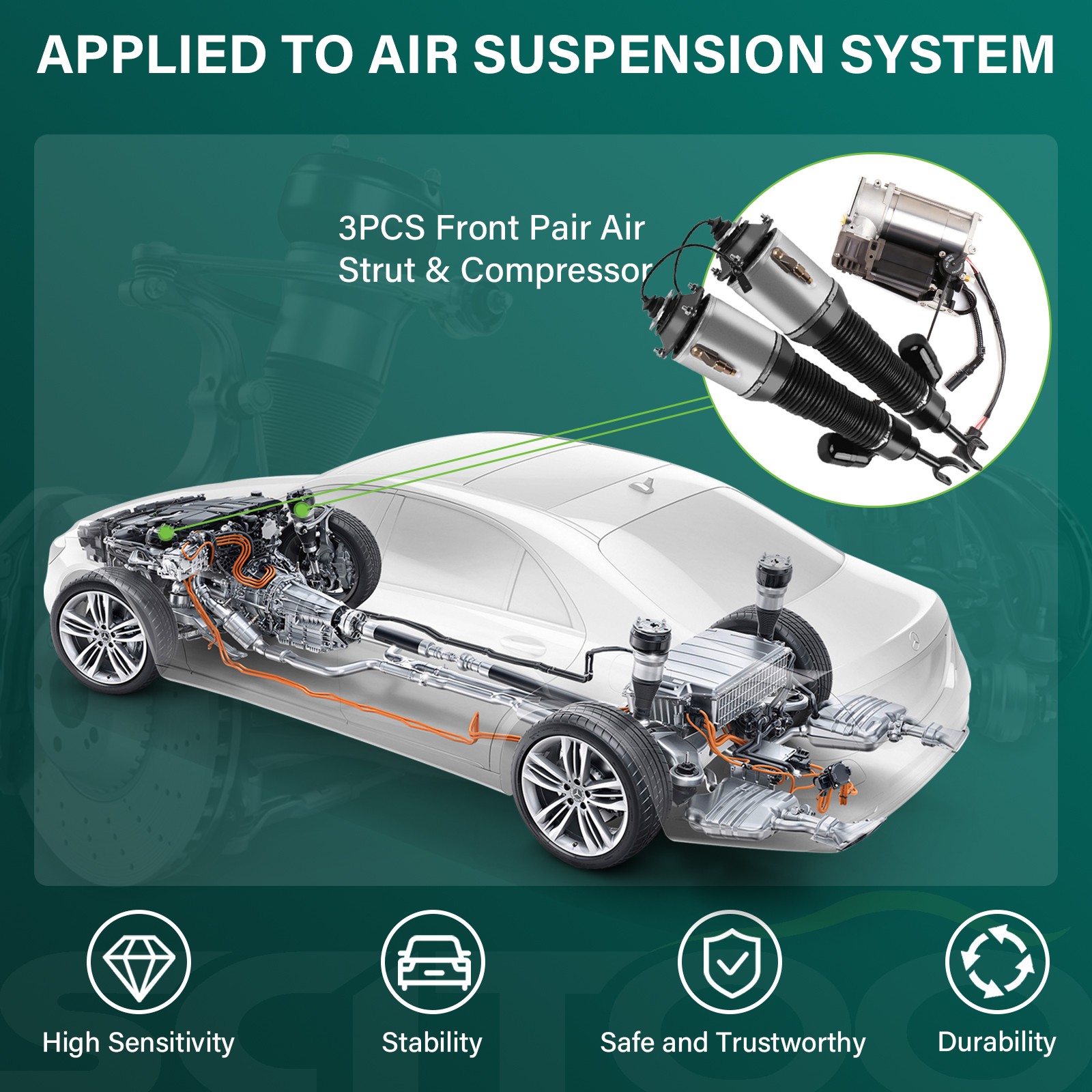 3PCS Front Air Suspension Strut & Compressor For Bentley Continental Flying Spur