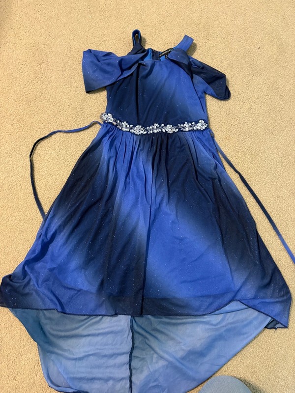 Blue Ombre Girls Dress with Asymmetrical Hemline and Off the Should Neckline