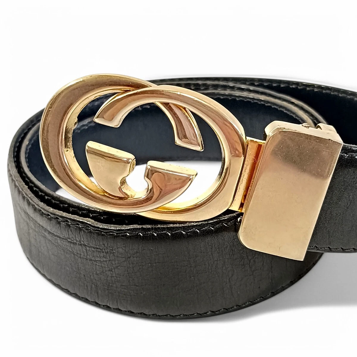 Beauty GUCCI Ceinture imbriquée cuir doré GG noir noir or quincaillerie uni