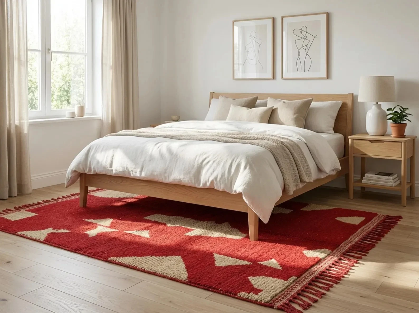 Red Moroccan Rug, Handmade Wool Berber Area Carpet, Geometric Rug