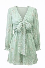 NWT Lumiere Sz M Mint Floral Front Tie Bow Long Sleeve Mini Dress Feminine Boho