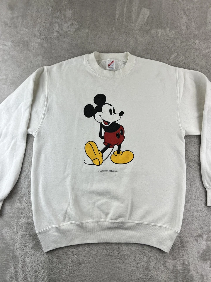 Suéter masculino Mickey Mouse vintage anos 80 M/grande branco Disney gola redonda Jerzees EUA - Imagem 2 de 4