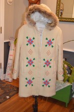 Hudson Bay Embroidered Floral Wool Fur Trim Hooded Coat Off White Tan Medium M