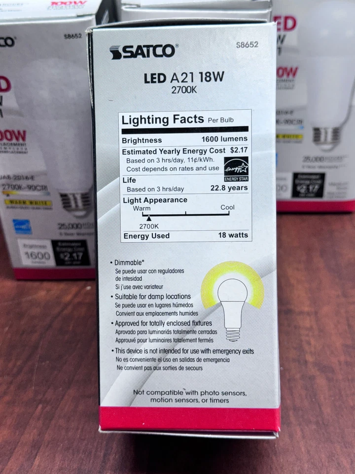 6 Pack Satco S8652 1600Lm 18W = 100W A21 Dimmable LED Warm White 90CRI Med E26 - Image 3 of 4