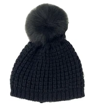 Kyi Kyi Wool Blend Black Faux Fur Pom Pom Knit Beanie Hat NWT 114FF $68