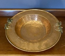 Antico braciere/ciotola in rame battuto a mano pesante - manici in ottone - rivettato