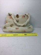 Vintage 50s 60s White Beaded Handbag Lumured Petite-Bead Made in USA Rose Clasp