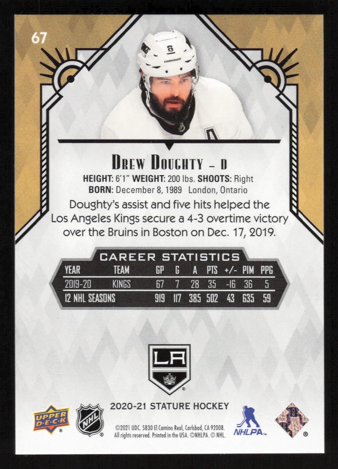 2020-21 Upper Deck Stature #67 Drew Doughty Card TCCCX - Image 2 of 2