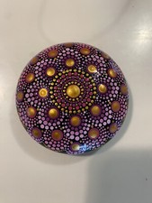 Mandala - Hand Painted Handmade Stone Pink Purple Gold 4  Diameter