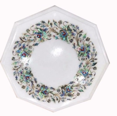 12'' Marble Table Top Semi Precious Stone Inlay Marquetry Work