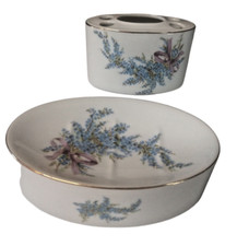 Bathroom Toothbrush Holder and Soap Dish Blue and Pink Floral 2 Piece Set