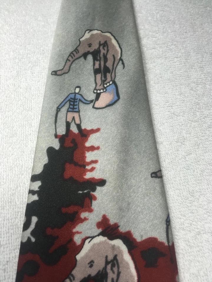 ВИНТАЖНЫЙ МУЖСКОЙ ГАЛСТУК FALLINI СЕРЫЙ КРАСНЫЙ РОЗОВЫЙ СЛОНЫ В ЦИРКЕ 4,25 X 56 - Изображение 4 из 4