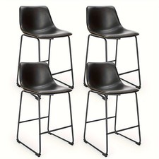 Set of 4 Brown Faux Leather Bar Stools. 26" height. Back support Metal legs