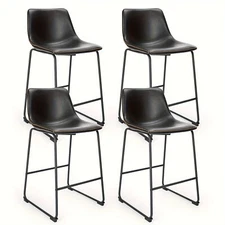 Set of 4 Brown Faux Leather Bar Stools. 26" height. Back support Metal legs
