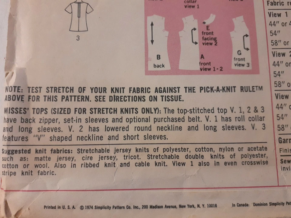 Simplicity 6624 Top Shirt Sewing Pattern Ladies 14 VTG 70's Cut Knit Pullover - Image 4 of 4