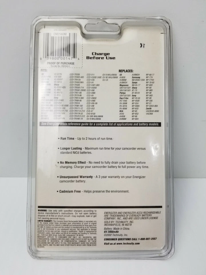 Batería recargable para videocámara Energizer genuina CM2560-C NIP NOS NUEVA *LEER* Foto 2 de 4