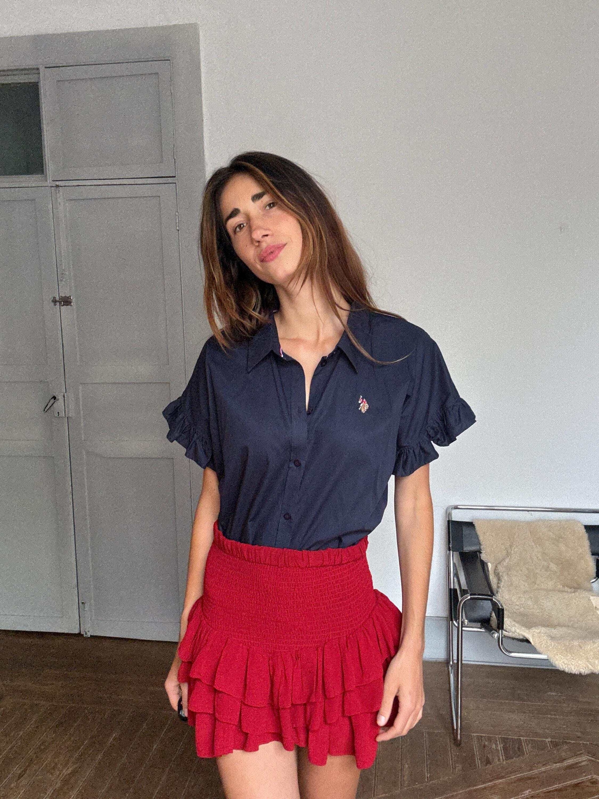 U.S. Polo Assn. navy cotton ruffle-sleeve blouse – women’s XL – preppy button-do