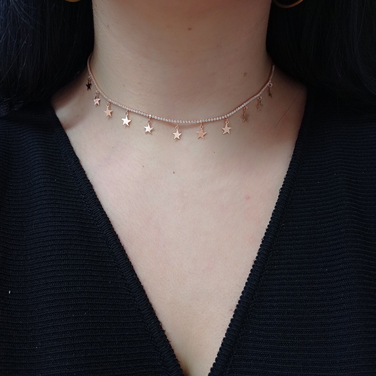 Rose Gold Star Tennis Choker Disc Charm Disc Necklace Cz Diamond Tennis