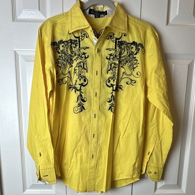 Victorious Men's S Yellow Long Sleeve Button-Up Western Y2K Embroidered (FLAW)