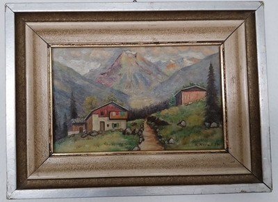 Original Ölgemälde 1954   H. Mlessiwa   Alpenlandschaft mit Berghütte   Vintage
