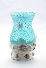Turquoise Mosaic Glass Vase with Shells Beach Nautical Art Glossy Decorative