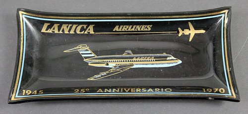 Vintage LANICA AIRLINES 25th Anniversario Glass Trinket Dish Tray Black Gold