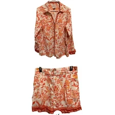 Rachel Zoe Linen Floral Print Shirt Short Set Orange Cream Size Large