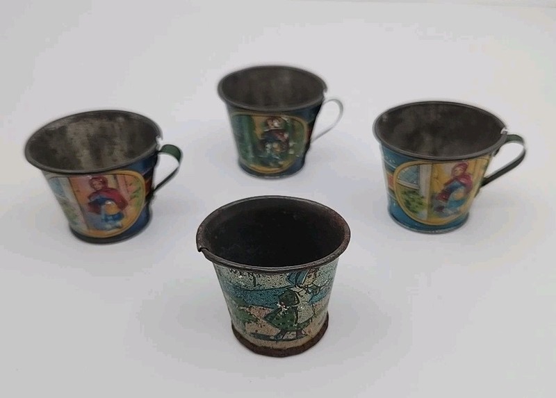 4 Antique Tin Toy Nursery Rhyme Story Cups - Ohio Art Company - 1920s