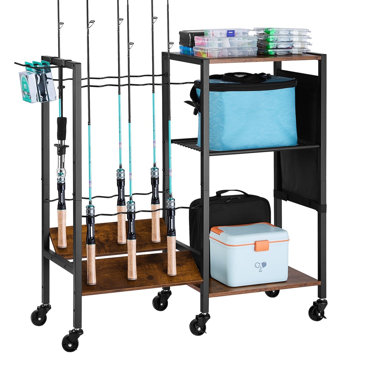 12 Pole Fishing Rod Holder Fishing Rack Cart Organizer with Wheels for  Garage