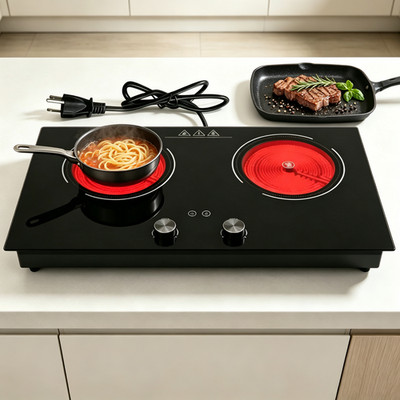 4000W Electric Cooktop Infrared Stove 2 Burner 24'' Hot Plate Plug-in 110V