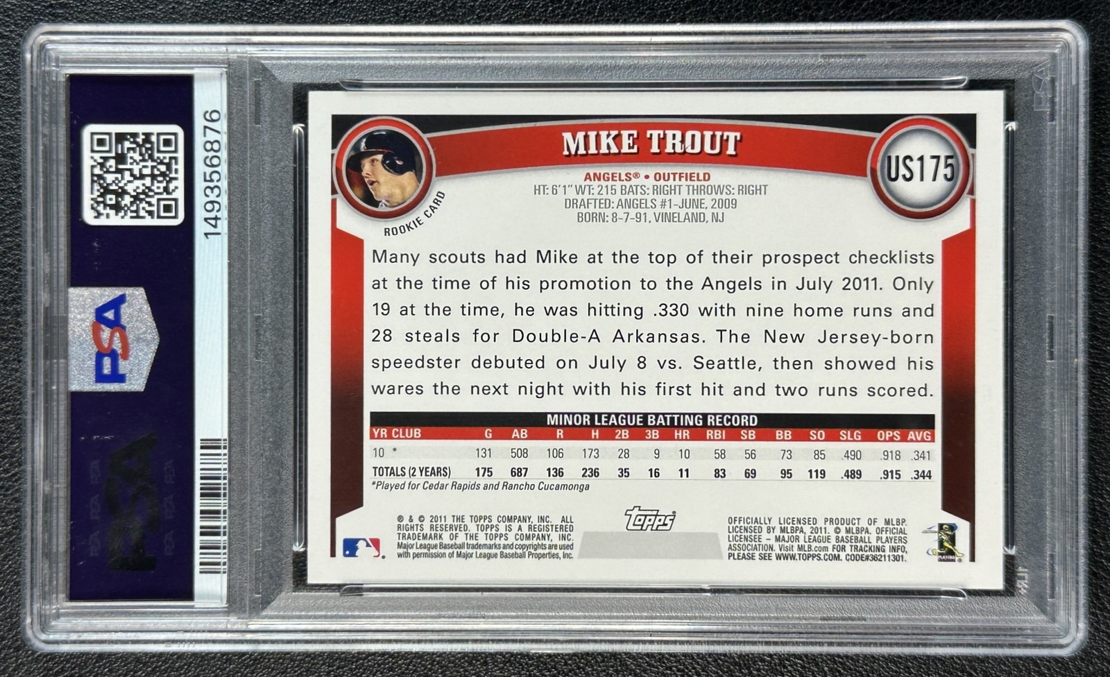 MIKE TROUT PSA 10 2011 TOPPS UPDATE #US175 ROOKIE COGNAC DIAMOND ANNIVERSARY RC view 2