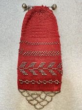 Antique Hand Crocheted MISERS Purse W/Steel Cut Beads Burgundy