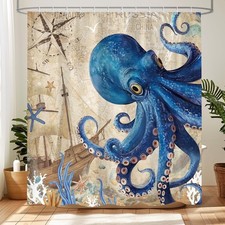 Octopus Shower Curtain Retro Nautical Blue Bathroom Curtain Sea Kraken Bathro...