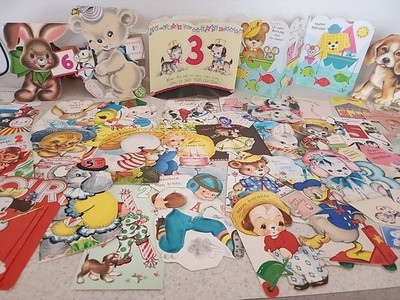 45 Vtg Scrapbook Birthday Greeting Cards Lot B Children Animals Diecut 1930s-50s