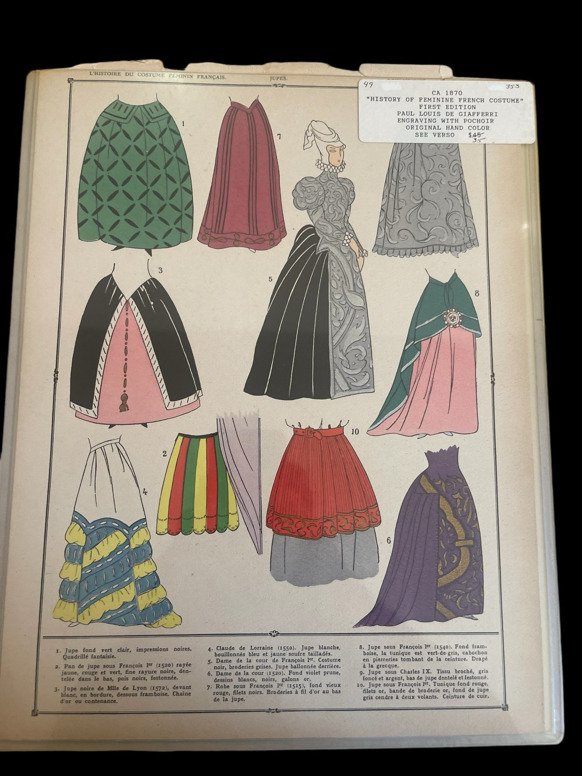 1870 French Fashion lithograph hand colored  History of the Feminine Costume
