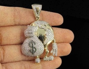 Authentic Men's Globe Money Bag Pendant 2Ct Round Real Moissanite 14k Yellow Gold Plated