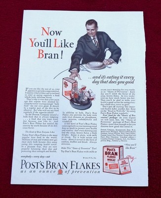 1927 Post Bran Flakes Battle Creek MI Man Eating Breakfast Kitchen Decor Ad
