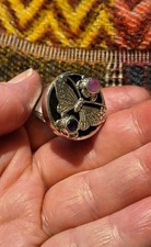 Sajen Sterling Silver Butterfly  Pink Sapphire And Amethyst Wide Band Size N.