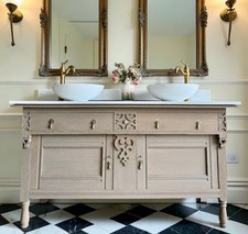 Image of Heritage oak Vanity Sink unit, Carrara Quartz Top, Upstand, 2 Basins,154cm Wide