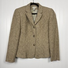 Ann Taylor Wool Blend Tweed Blazer Size 10 Tan Brown Check Career Jacket