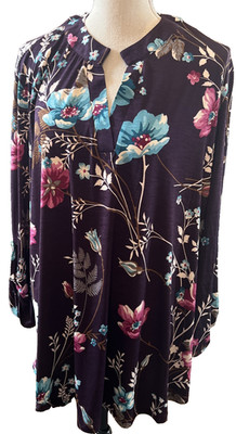 NWT Dear Scarlett 2X Purple Floral Tunic 3/4 Roll Tab Slvs V Neck 94% Poly
