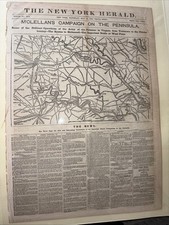 The New York Herald Saturday May10, 1862 Civil War Original, Mclellan’s Campaign