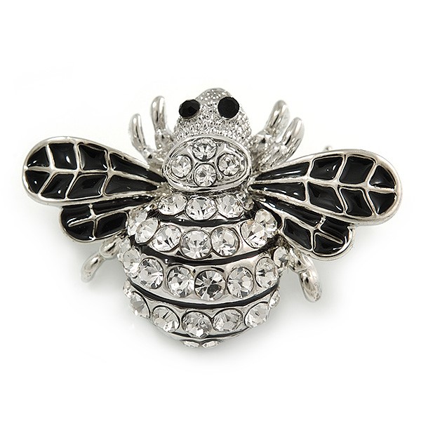 Little Clear Crystal, Black Enamel Bee Brooch In Silver Tone - 35mm W