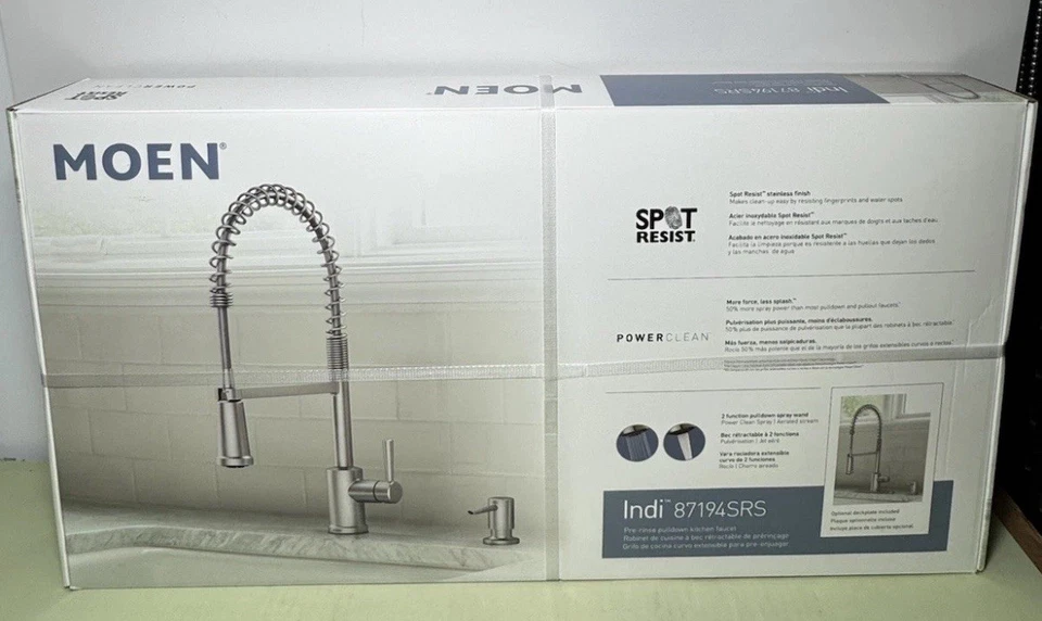 Grifo de cocina abatible de arco alto de 1 manija de acero inoxidable Indi Moen 87194SRS Indi con jabón Foto 2 de 4