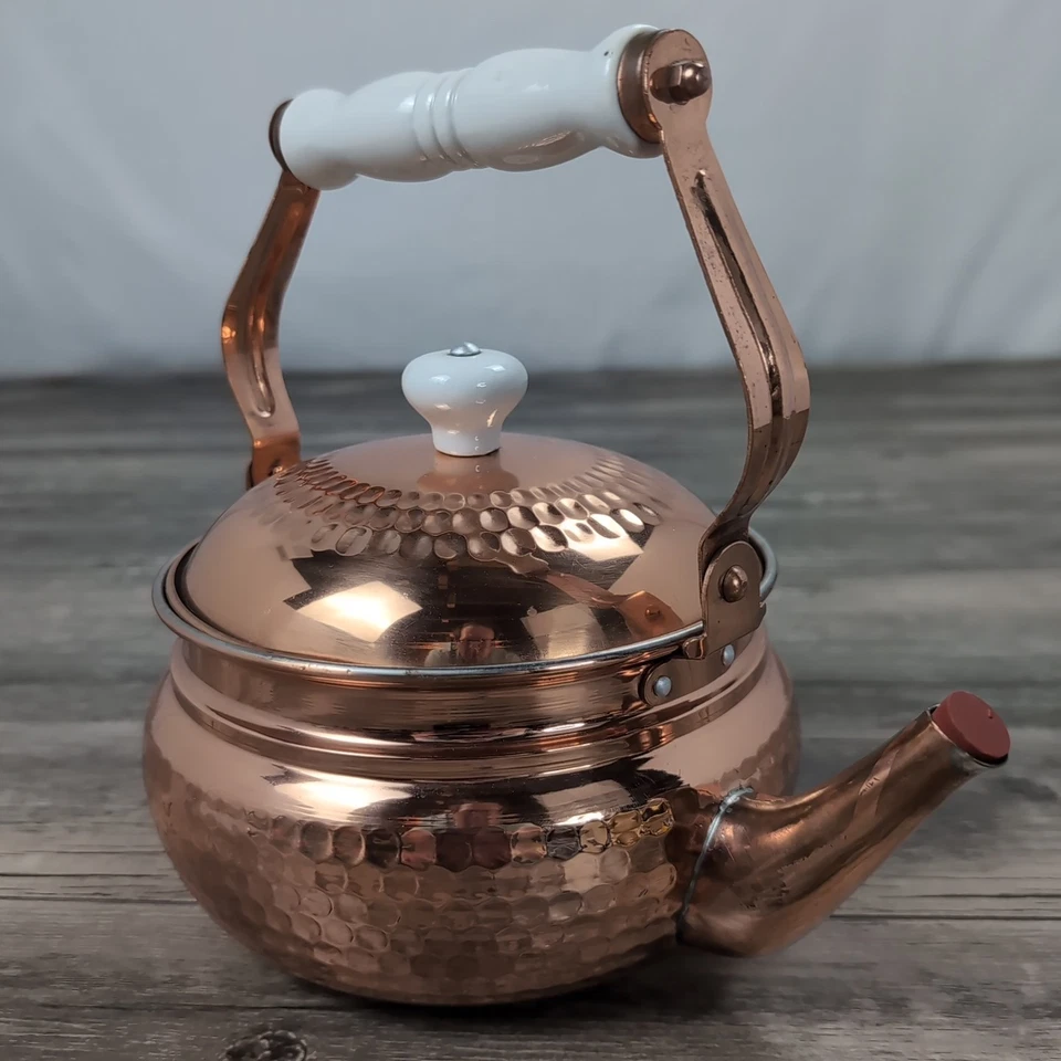 Vintage Style Hammered Copper Tea Kettle with White Porcelain Handle and Knob - Image 2 of 4