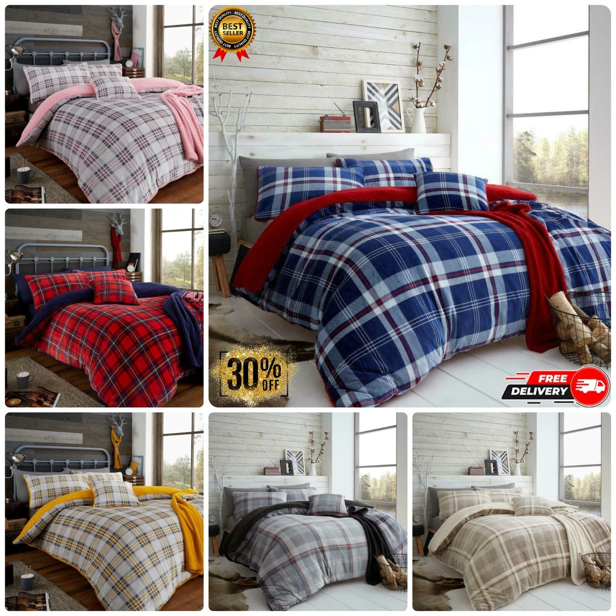 TEDDY CHECK DUVET COVER SET Sherpa Warm Fleece Bedding Quilt Single Double King