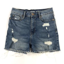 Levi's Denizen Super High Rise Jean Shorts Juniors 3 Destroyed Frayed Blue Denim