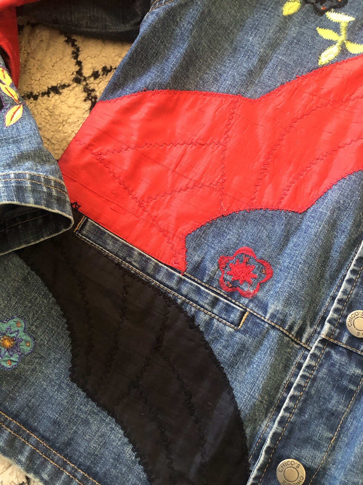 Chico's Design Jean Jacket Patchwork Silk Embroid… - image 6